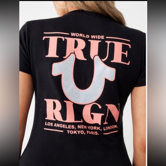 True Religion Women GLITTER WORLD WIDE LOGO TEE XS NWT Black/Orange - Picture 2 of 10